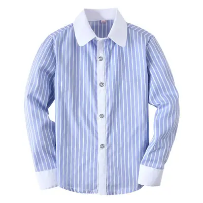Children Cotton Striped Shirt Blue Middle School Boys Girls