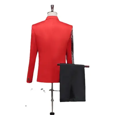 2022 Men Slim Fit Suit Red Sequin Stage Host Dress