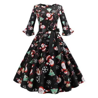 Christmas Printed Swing Dress with Belt for Women