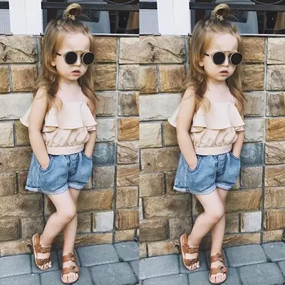 Girls Sleeveless Top & Denim Shorts Set Blue