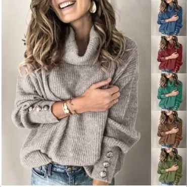Women's Cream High Collar Button Sweater Top