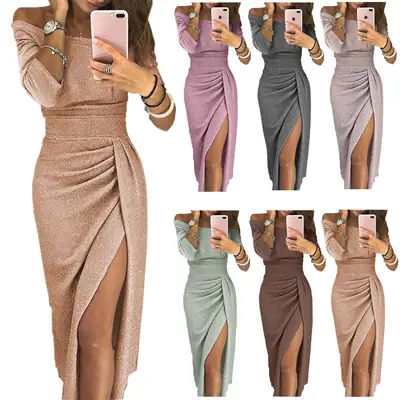 Women's Sheath Slit Off-Neck Dress Gray