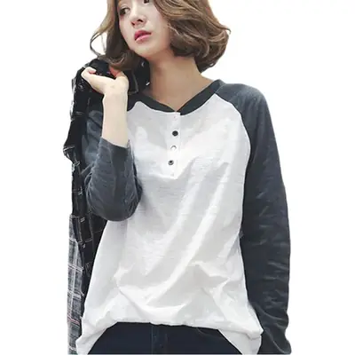 Spring Long Sleeve T-Shirt White Black Korean Style Large