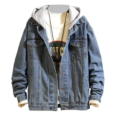 Men's Korean Style Hooded Denim Jacket Blue Loose Fit
