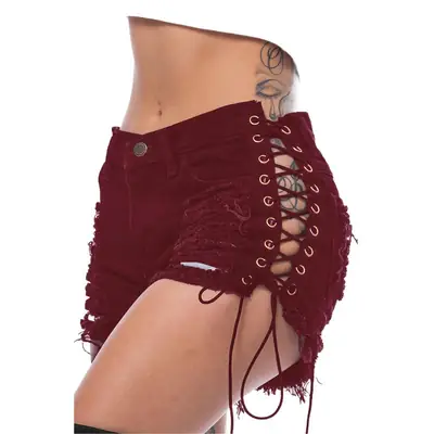 Women's Green Lace Bandaged Shorts with Holes