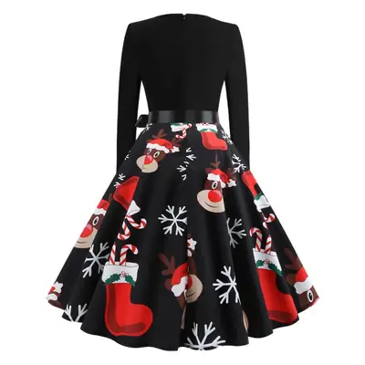 Christmas Print Long Sleeve Skirt Dress Large