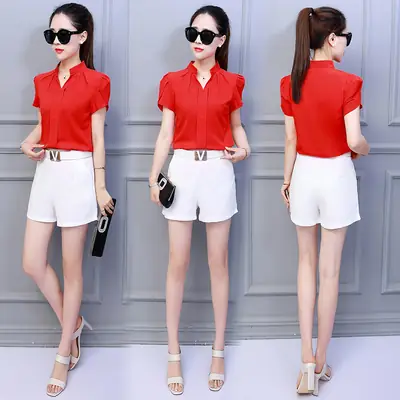 Women Ruffle Sleeve Chiffon Shirt Red White Shorts