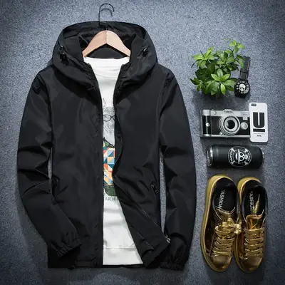 Men's Black Hooded Jacket Korean Style Slim Fit