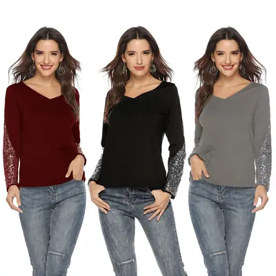 Black Long Sleeve V-Neck T-Shirt for Women