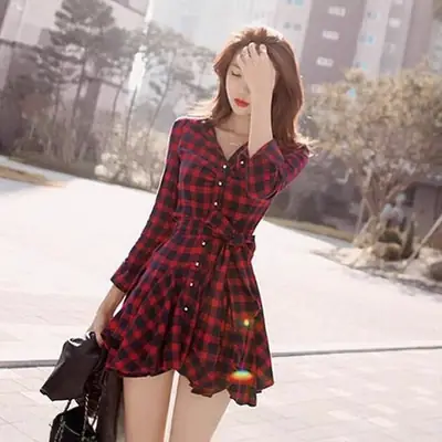 Women Red Plaid Long Sleeve Skirt Dress