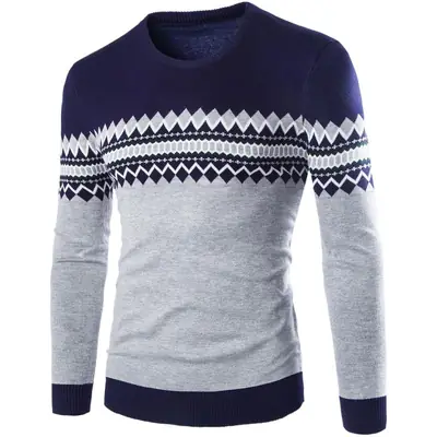 Men's Green Black Geometric Knit Long Sleeve Sweater