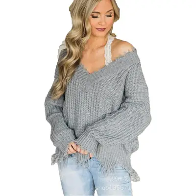 Women's 2023 Knit V-Neck Loose Pullover Sweater Mint Green