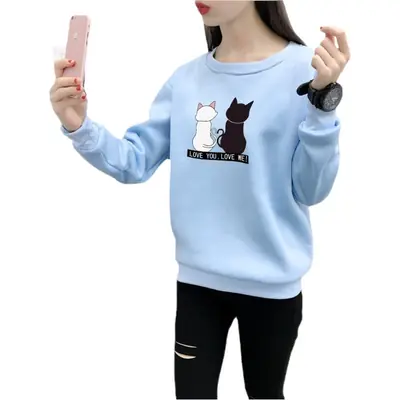 Light Blue Fleece Lined Sweatshirt for Women, Korean Style, Loose Fit