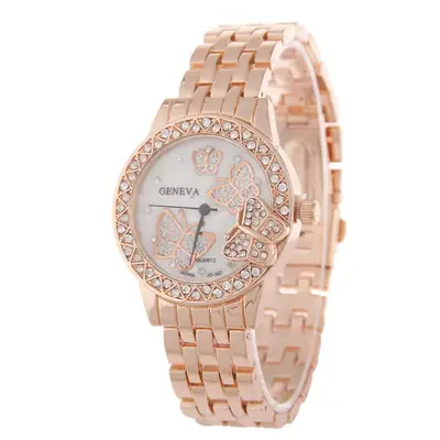 Women's Rose Gold Full Diamond Watch with Butterfly Design