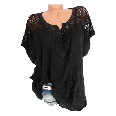 Black Lace V-Neck Embroidered Short Sleeve Top