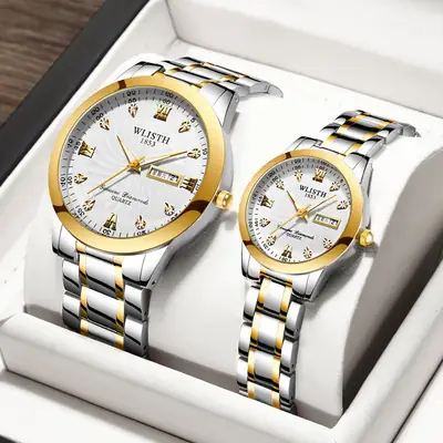 Men's Gold Silver Diamond Calendar Watch
