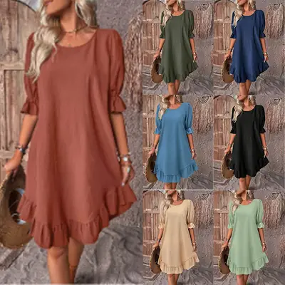 2024 Women's Cotton Linen Half Sleeve Dress Solid Color Loose Swing