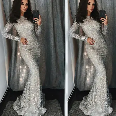 Silver Sequin Long Sleeve Bodycon Dress for Women