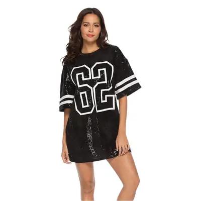 Women Sequin Mid-Length T-Shirt Dress Blue White
