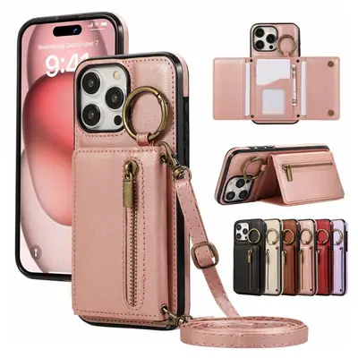 Apple iPhone 17 Pro Case Brown Leather Crossbody Zipper
