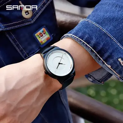 Men's Waterproof Leather Watch with Phantom Quartz Design