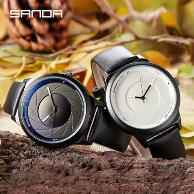Sanda Men's Black Leather Quartz Watch White Dial