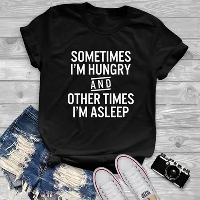 Black Graphic T-Shirt: Hungry & Asleeping Design