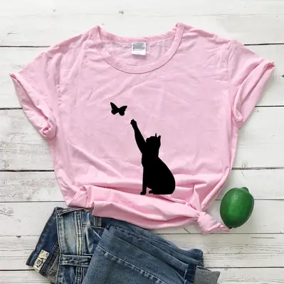 Men Women T-Shirt Blue Butterfly Cat Print
