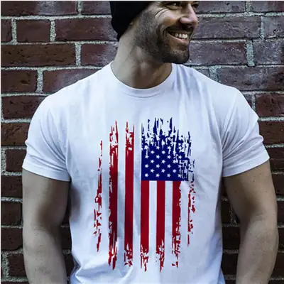 Men American Flag Flag Print T-Shirt Grey Casual Loose Fit