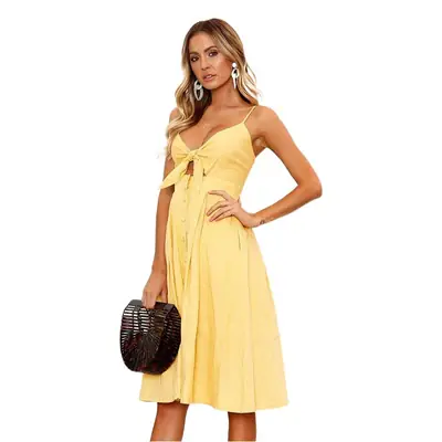 Sexy Button Backless Bow Dress Navy Blue