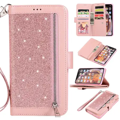 Pink Leather 9-Card Mobile Phone Case with Glitter Finish