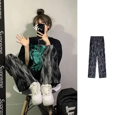Women Wide-leg Ice Silk Pants Black Green Supreme Print