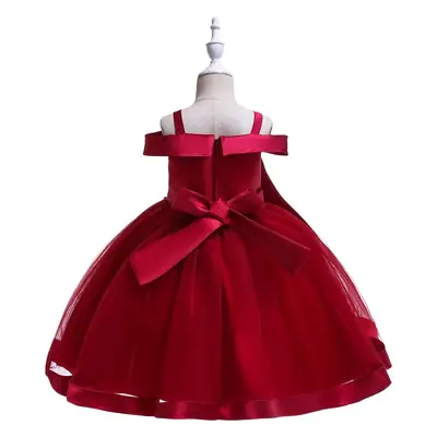 Red Beaded Flower Off-Shoulder Strap Dress for Girls