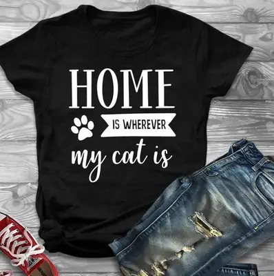 Men Women Home Is Wherever My Cat Is T-Shirt Black