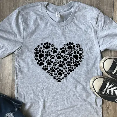 Men Women Heart Patches Puppy Print T-Shirt Grey