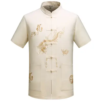 Ethnic Men's Short-sleeved Tang Suit White Gold Dragon