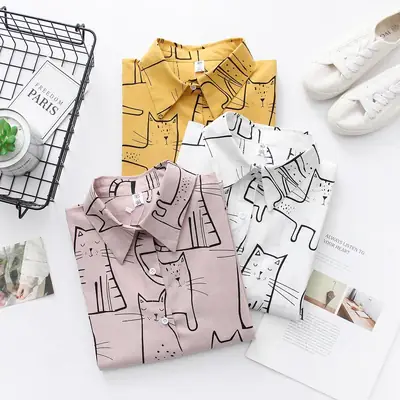 Vintage Cat Print Long Sleeve Women's Shirt