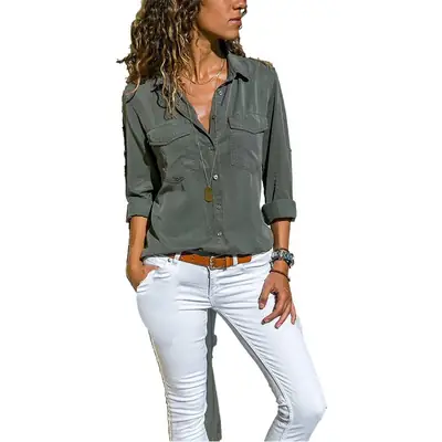 Women's Green Lapel Shirt Short Sleeve Autumn Winter