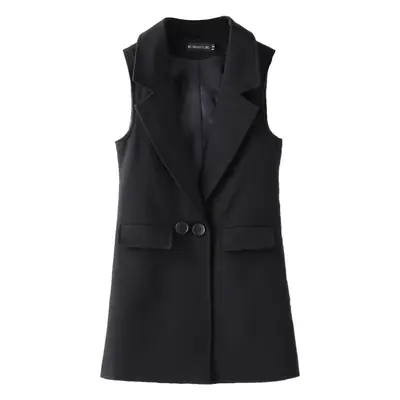 Women's Black Slim Sleeveless Vest Mid-Length Waistcoat
