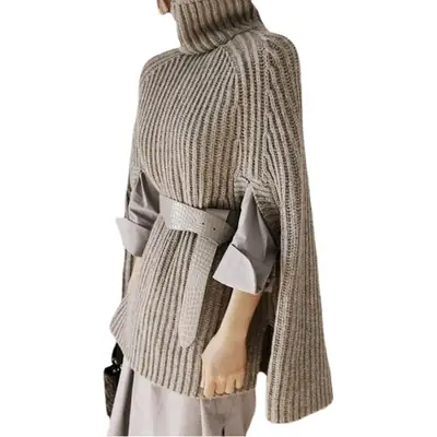 Turtleneck Sweater Coat Solid Beige with Belt