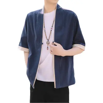 Men Japanese Style Half Sleeve Tang Suit Black Large