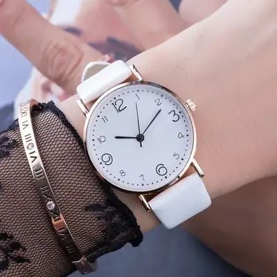 Women's White Rose Gold Analog Watch with Light Belt Strap