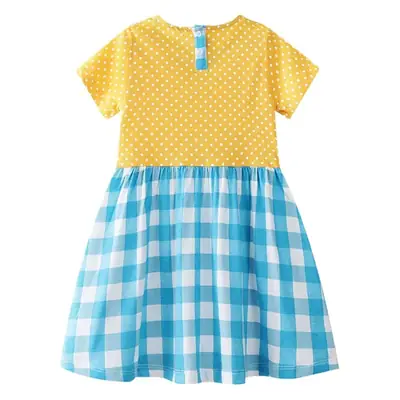 2025 Kids Cotton Checkered Skirt Dress Yellow Polka Dot