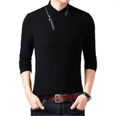 Men Black Cotton Half-Turtleneck Zipper T-Shirt Plus Size