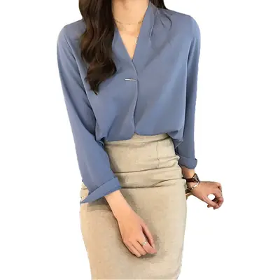 Women V-neck Long Sleeve Chiffon Shirt with Black Skirt & Boots