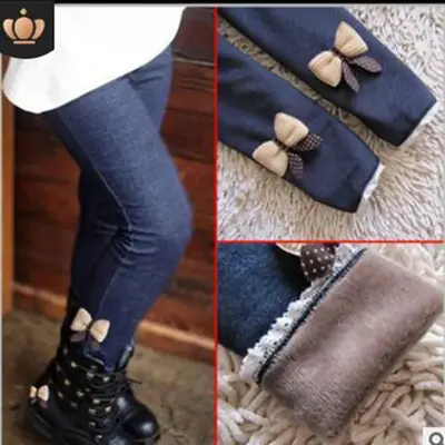 Black Faux Denim Warm Leggings for Girls with Heart Design
