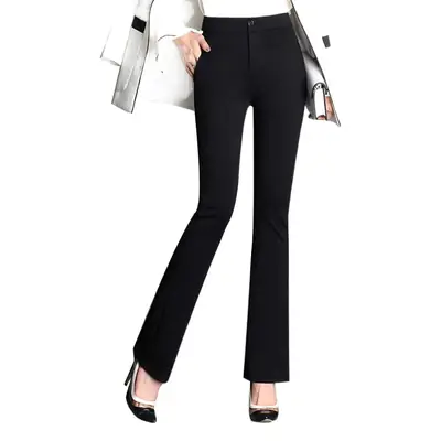Women Flared Trousers Black Slim High Waist Straight Leg