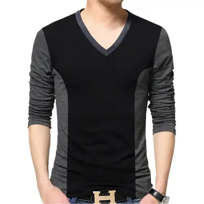 Men Cotton VV Long Sleeve T-Shirt Grey Black Large