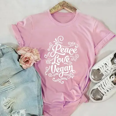 Pink Vegan T-Shirt with "Peace Love" Design