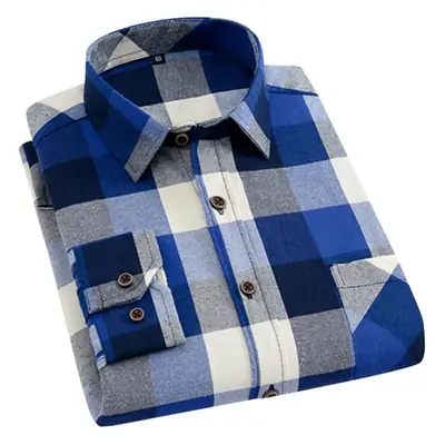 Men's Plaid Long Sleeve Shirt Blue Brown Grid Large